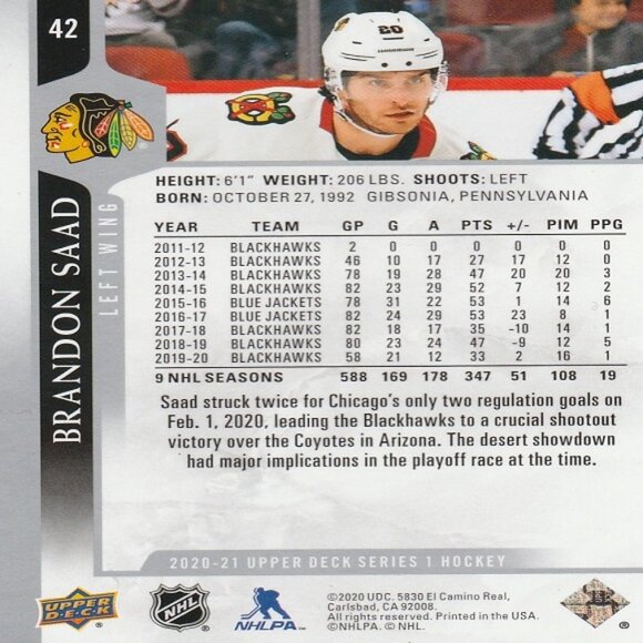 Brandon Saad - 2020/2021 Upper Deck Series 1 Hockey Card - Picture 2 of 2